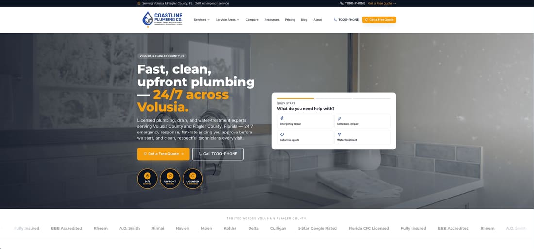 Screenshot of the Coastline Plumbing Co. website