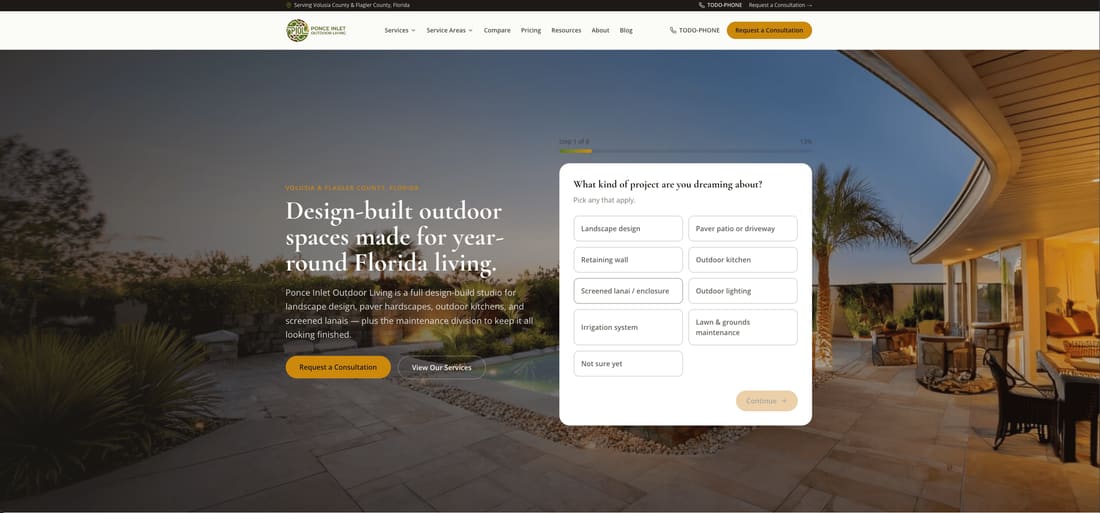 Screenshot of the Ponce Inlet Outdoor Living website