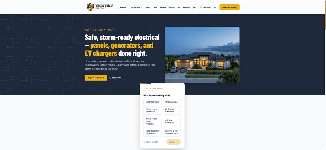 Screenshot of the Volusia Voltage Electric website